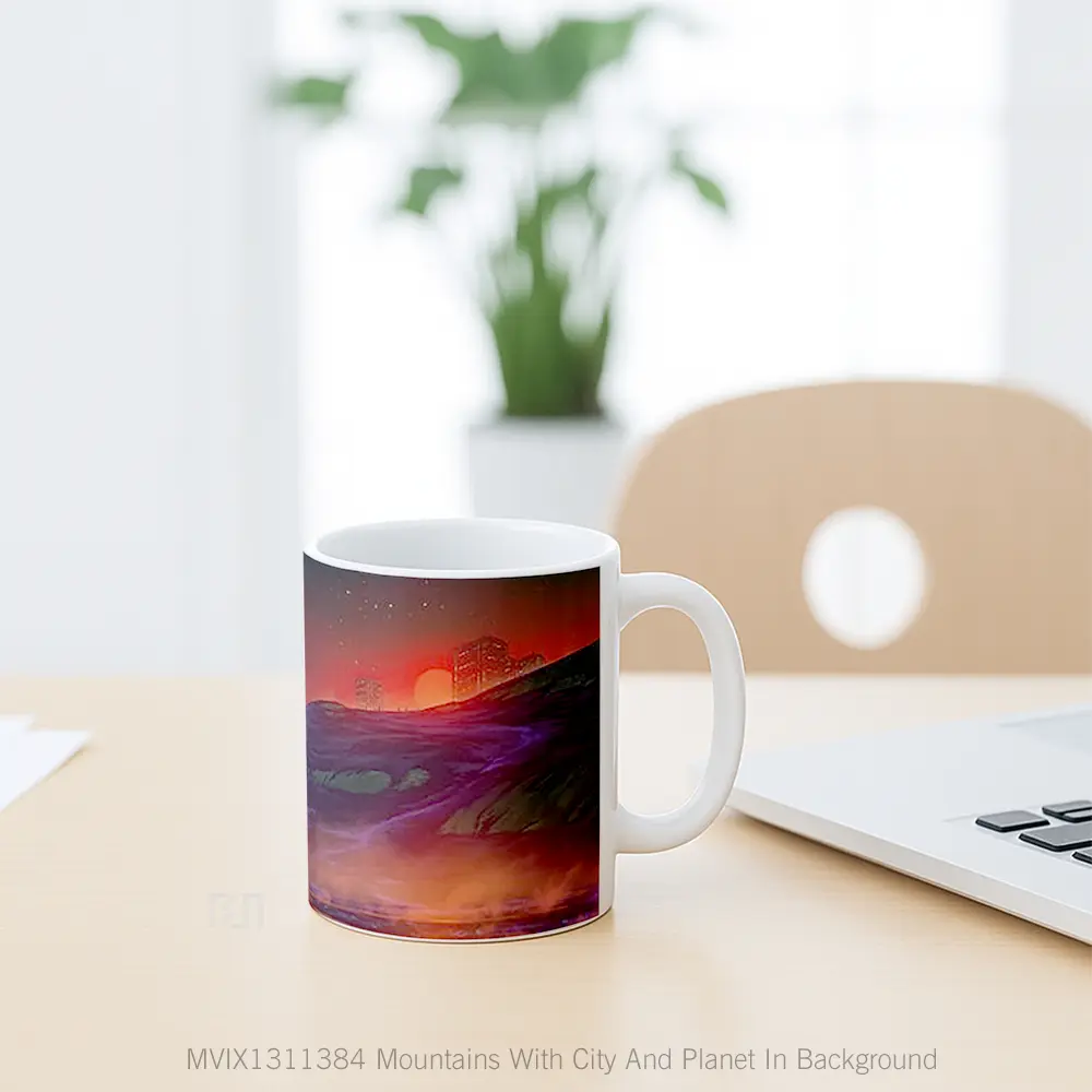 Mug Mountains With City And Planet In Background Gelas Pemandangan Alam - All-side / Desain