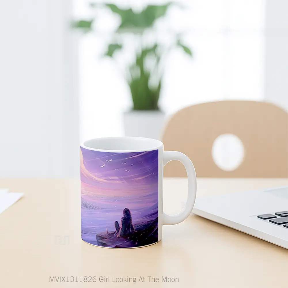 Mug Girl Looking At The Moon Gelas Astronomi - All-side / Desain