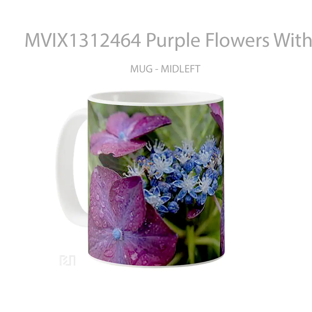 Mug Purple Flowers With Water Drops Gelas Pemandangan Alam - All-side / Desain