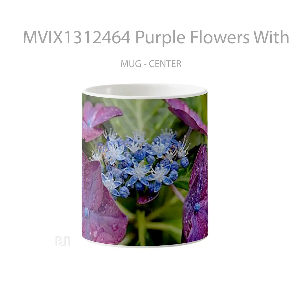Mug Purple Flowers With Water Drops Gelas Pemandangan Alam