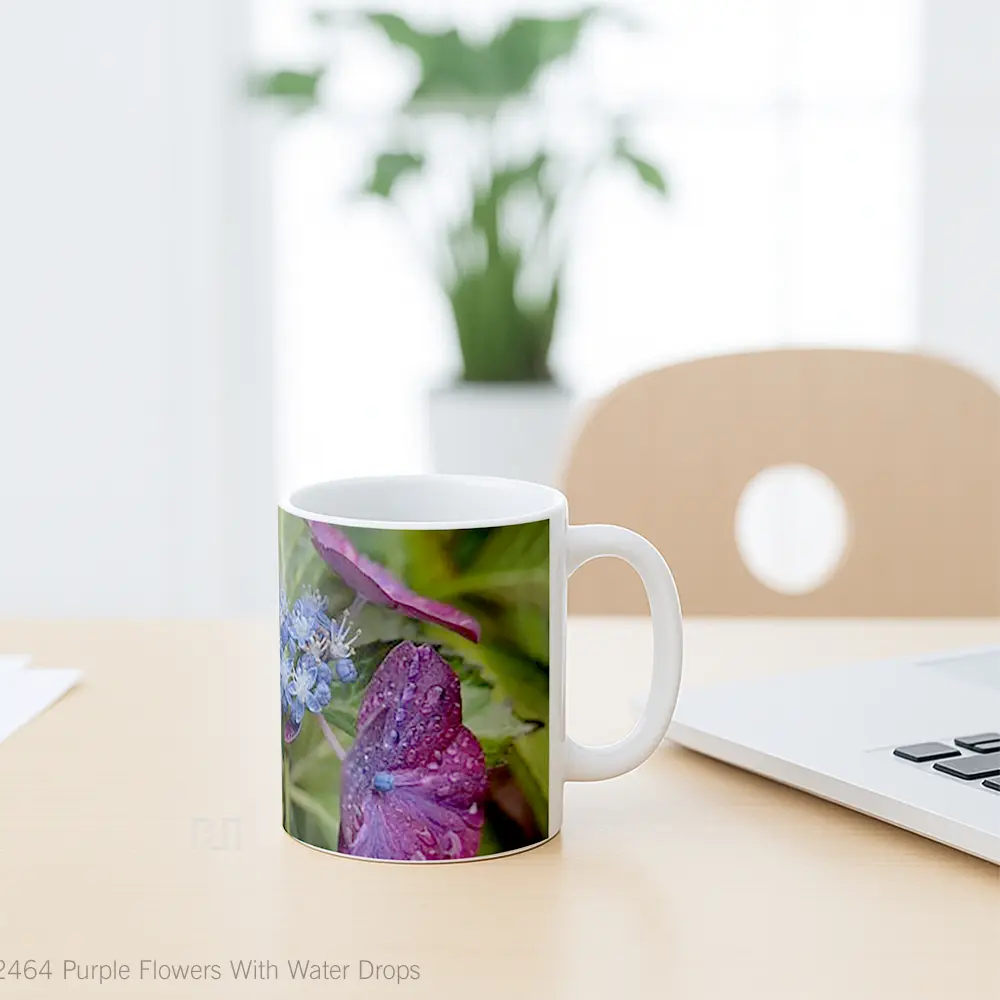 Mug Purple Flowers With Water Drops Gelas Pemandangan Alam - All-side / Desain
