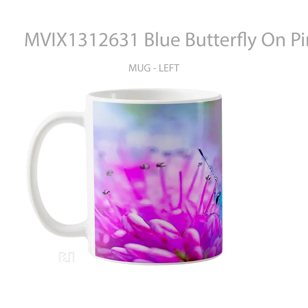 Mug Blue Butterfly On Pink Flower Gelas Hewan Lucu - All-side / Desain