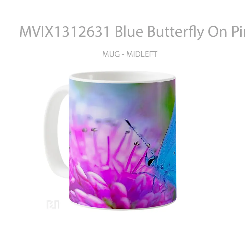 Mug Blue Butterfly On Pink Flower Gelas Hewan Lucu - All-side / Desain