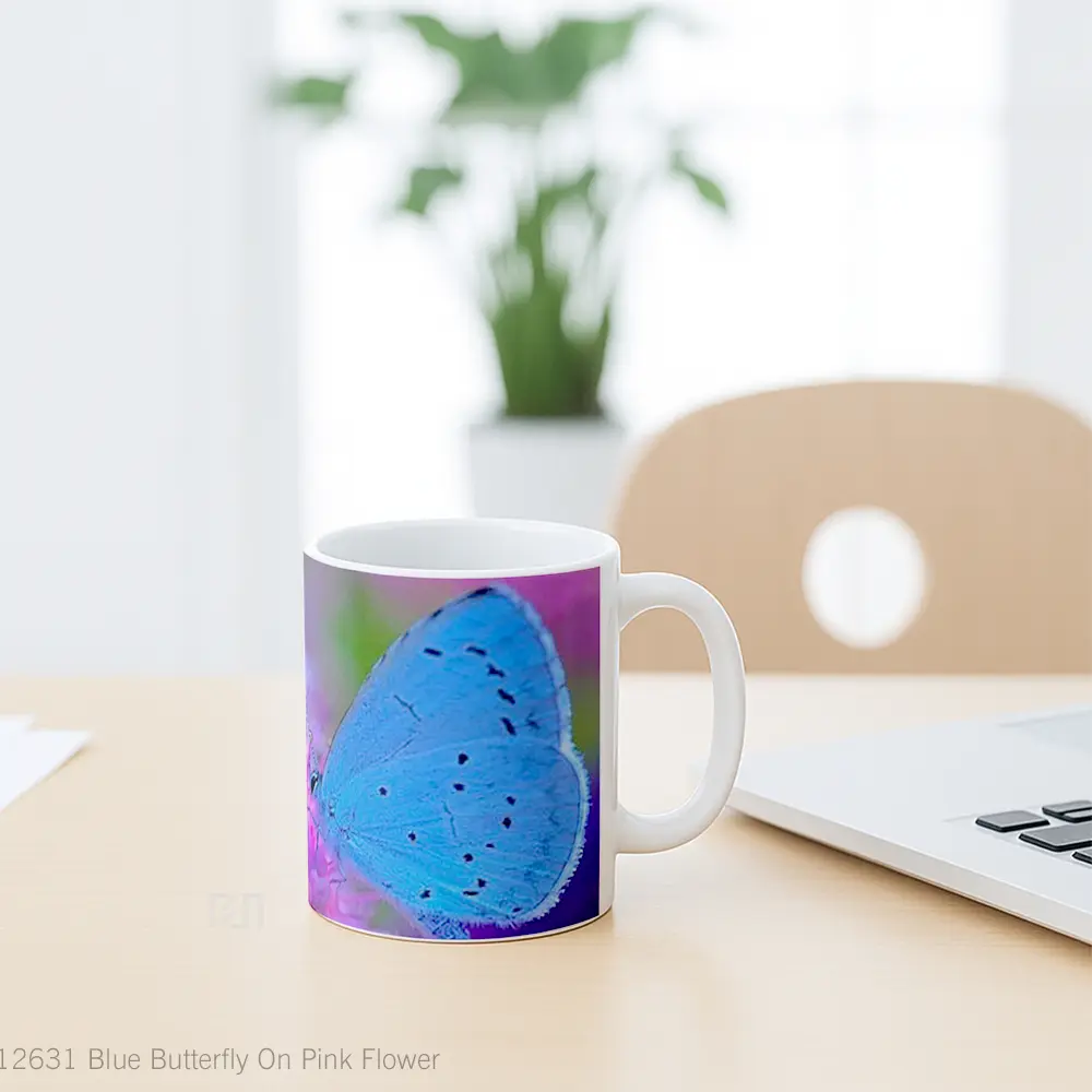 Mug Blue Butterfly On Pink Flower Gelas Hewan Lucu - All-side / Desain
