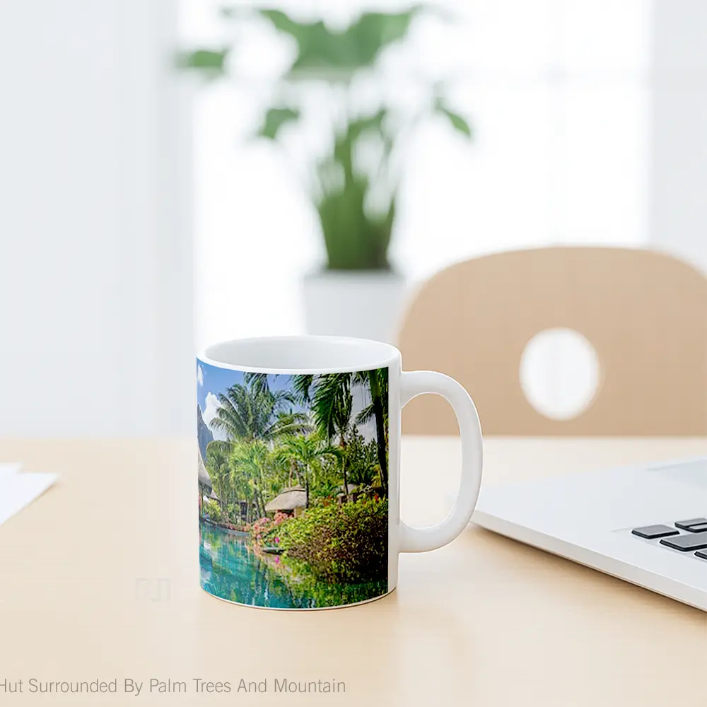 Mug Hut Surrounded By Palm Trees And Mountain Gelas Pemandangan Alam - All-side / Desain