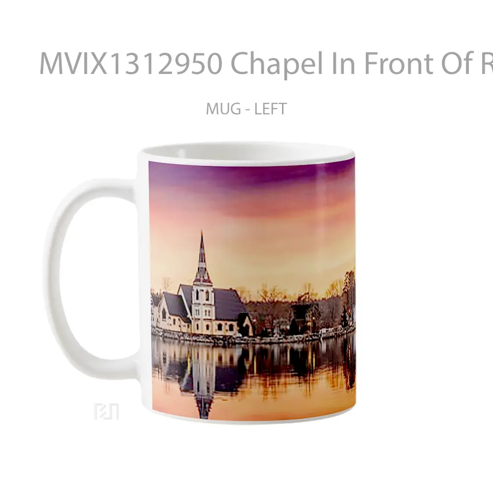 Mug Chapel In Front Of River At Sunset Gelas Pemandangan Alam - Tampak Tengah
