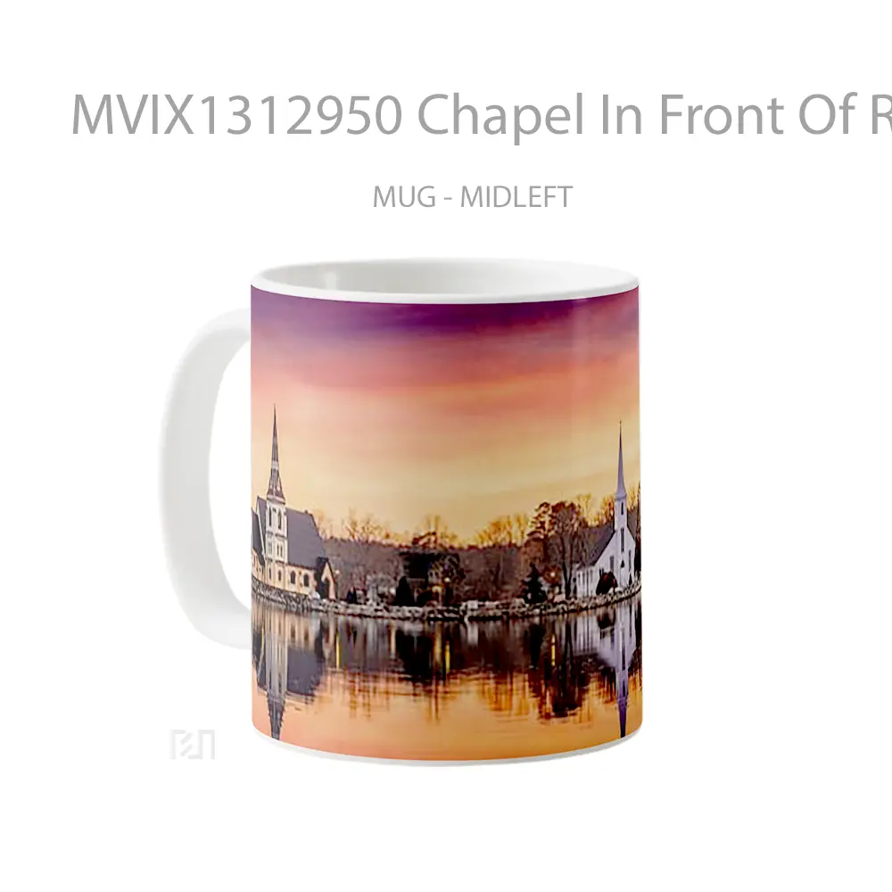Mug Chapel In Front Of River At Sunset Gelas Pemandangan Alam - Tampak Tengah