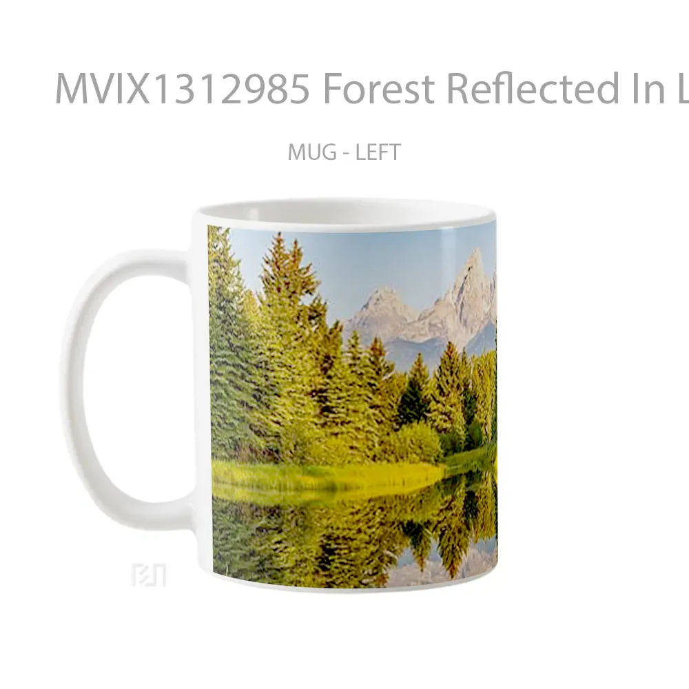 Mug Forest Reflected In Lake With Mountains In The Background Gelas Pemandangan Alam - All-side / Desain