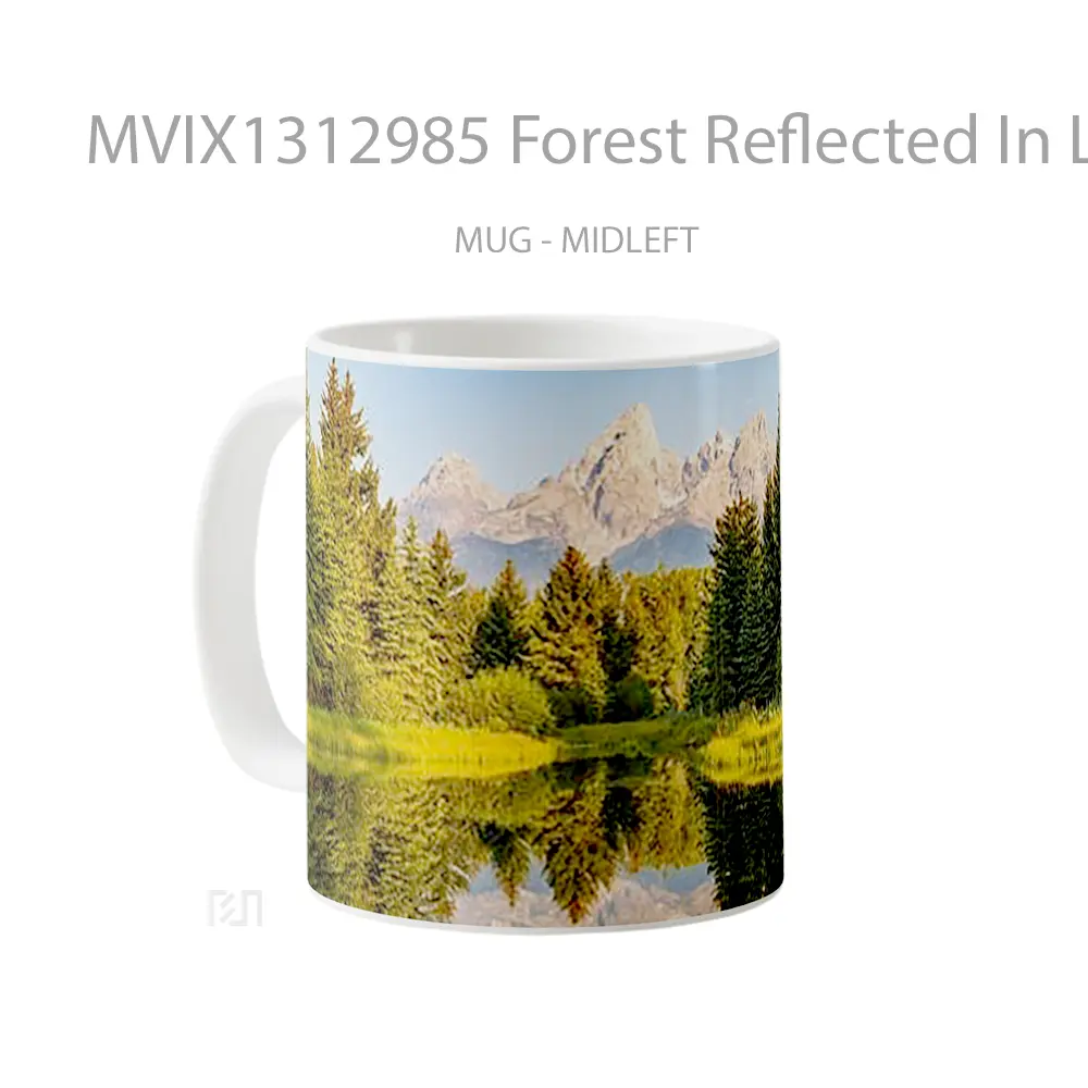 Mug Forest Reflected In Lake With Mountains In The Background Gelas Pemandangan Alam - All-side / Desain