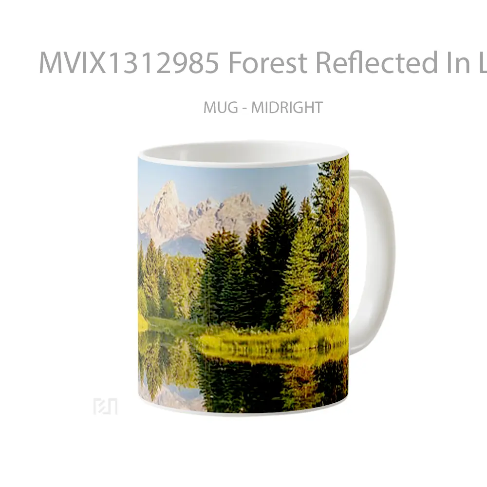 Mug Forest Reflected In Lake With Mountains In The Background Gelas Pemandangan Alam - All-side / Desain
