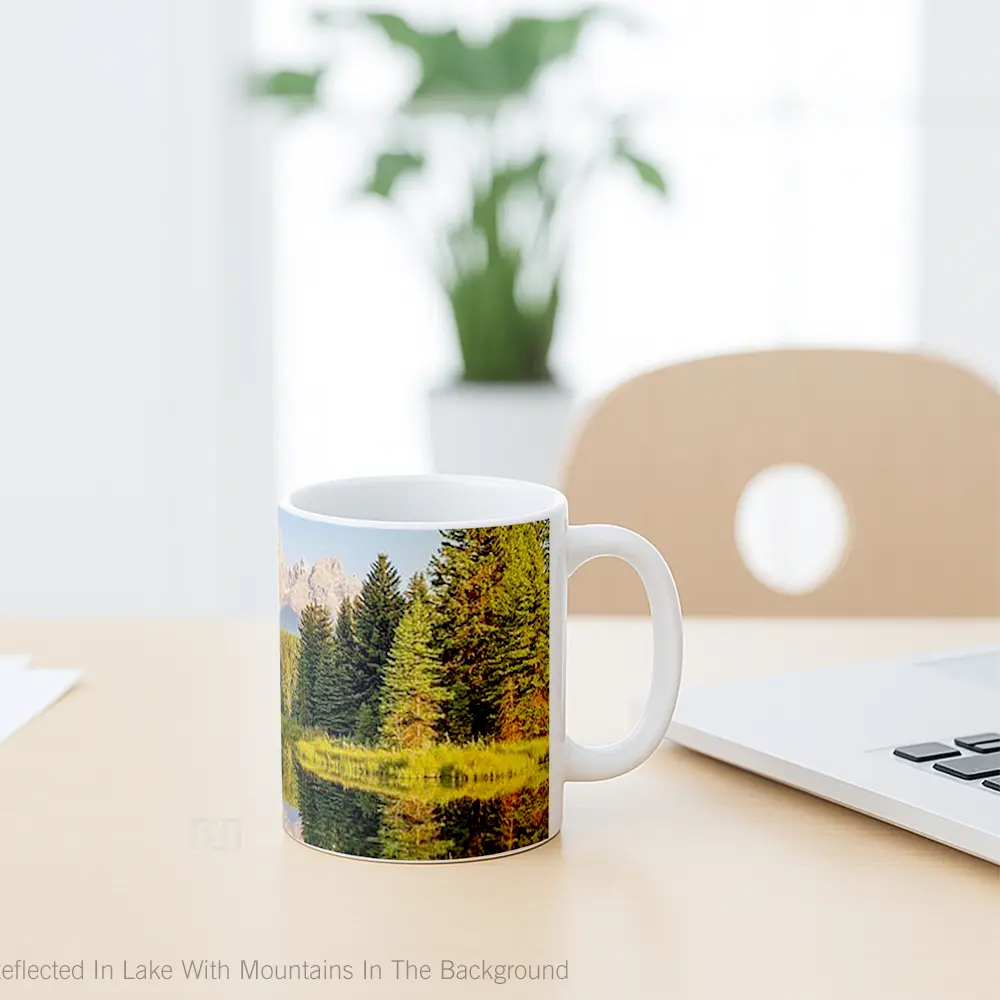 Mug Forest Reflected In Lake With Mountains In The Background Gelas Pemandangan Alam - All-side / Desain