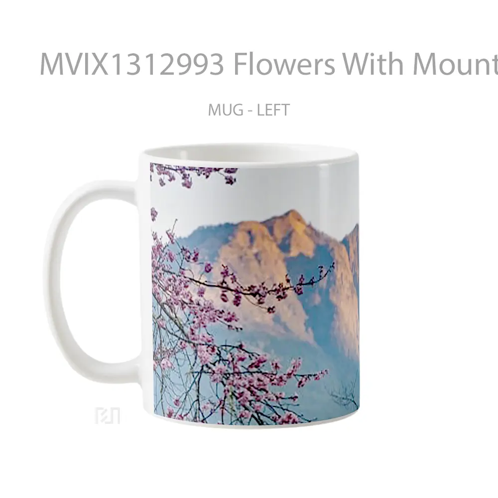 Mug Flowers With Mountain In The Background Gelas Pemandangan Alam - All-side / Desain