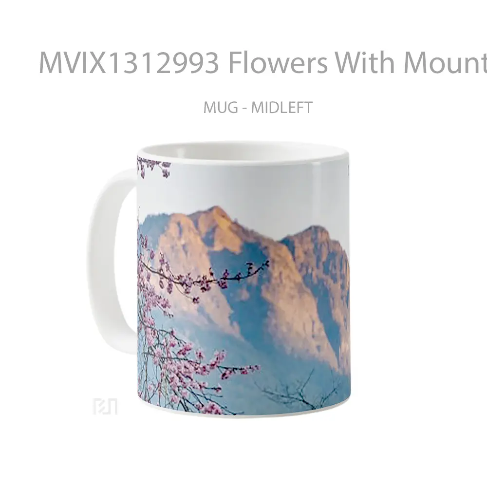 Mug Flowers With Mountain In The Background Gelas Pemandangan Alam - All-side / Desain