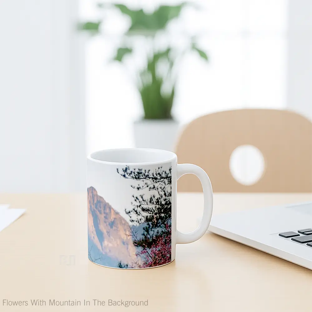 Mug Flowers With Mountain In The Background Gelas Pemandangan Alam - All-side / Desain