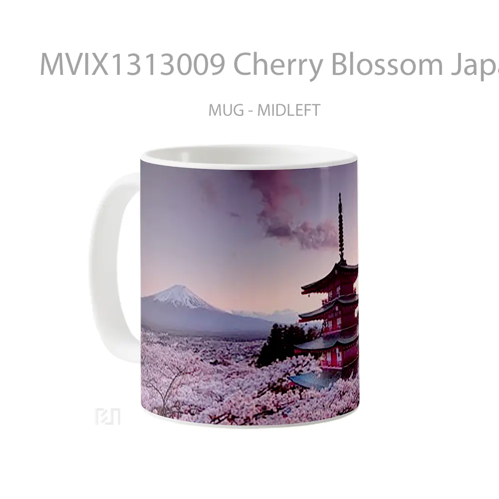 Mug Cherry Blossom Japanese Castle In Mount Fuji Gelas Keramik Unik - All-side / Desain