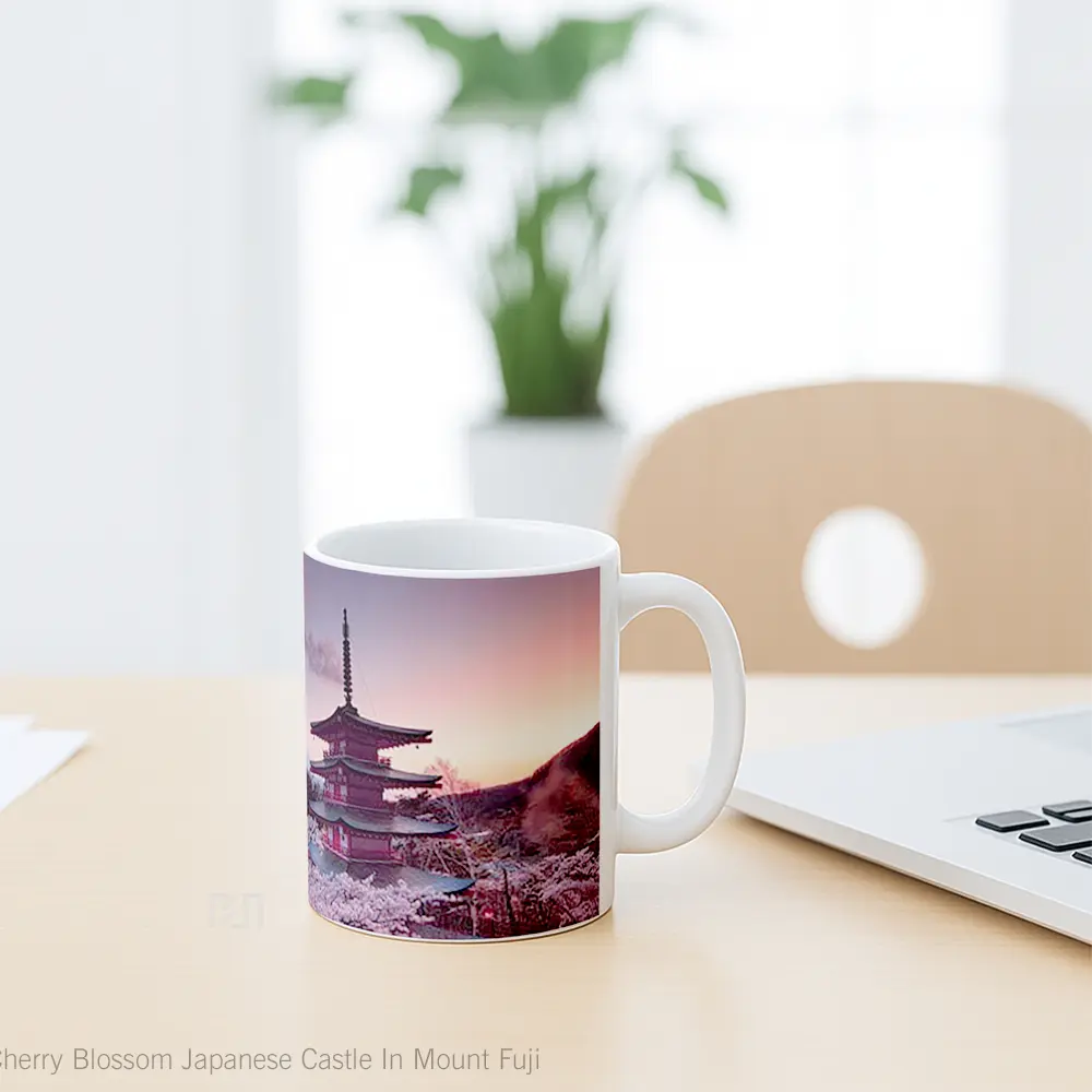 Mug Cherry Blossom Japanese Castle In Mount Fuji Gelas Keramik Unik - All-side / Desain