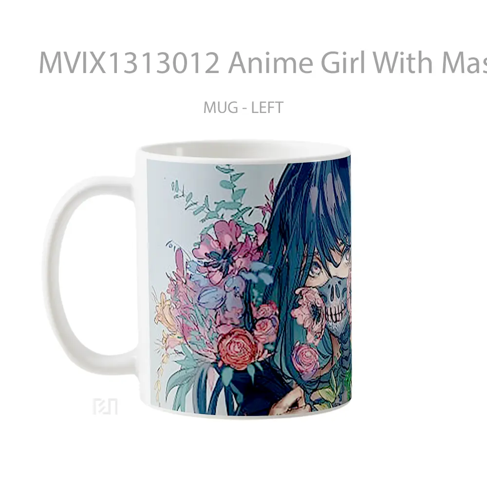 Mug Anime Girl With Mask And Flowers Cangkir Anime - All-side / Desain