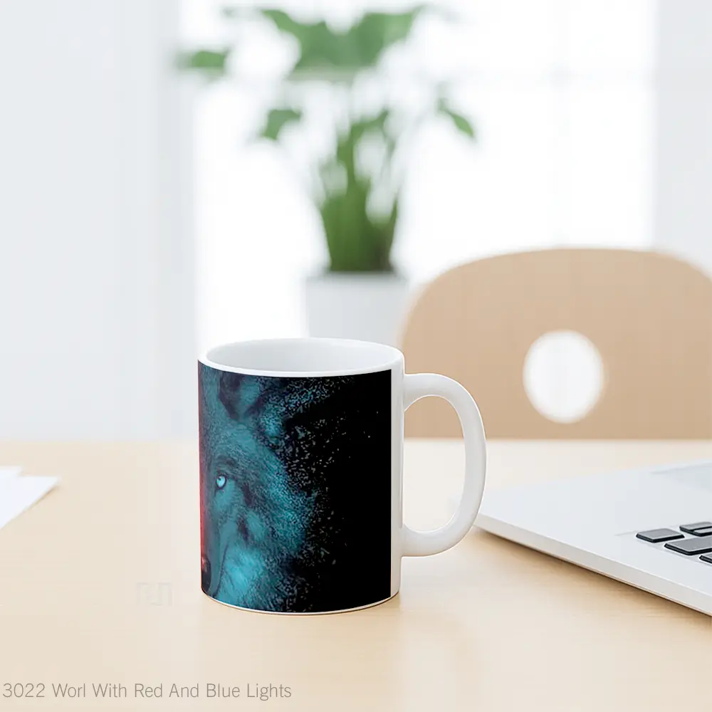 Mug Worl With Red And Blue Lights Gelas Keramik Unik - All-side / Desain