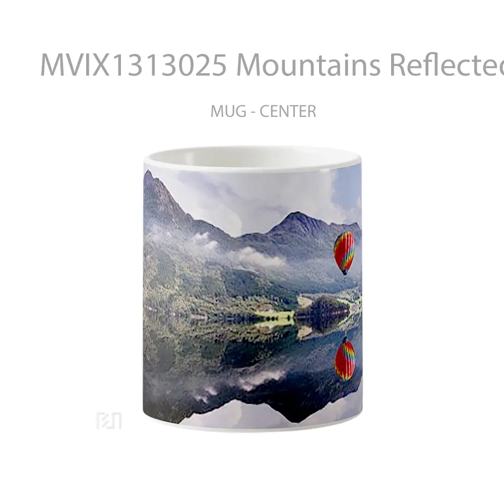 Mug Mountains Reflected On Lake With Hot Air Balloon Gelas Pemandangan Alam
