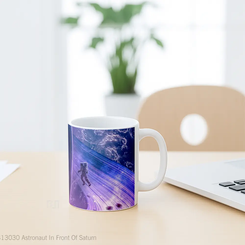 Mug Astronaut In Front Of Saturn Gelas Astronomi - Tampak Tengah