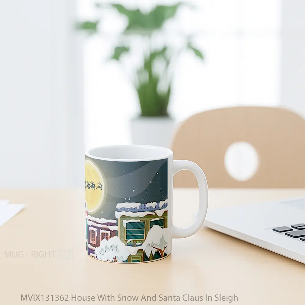 Mug House With Snow And Santa Claus In Sleigh Gelas Pemandangan Alam - All-side / Desain