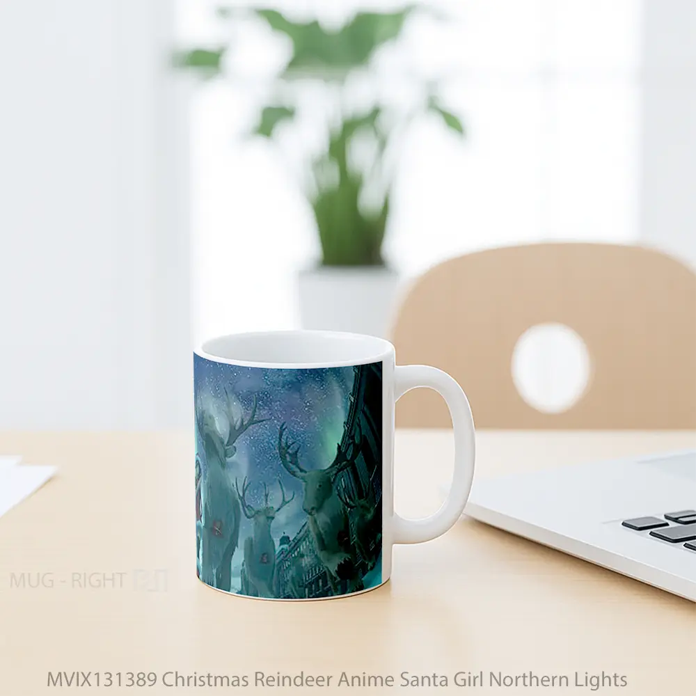 Mug Christmas Reindeer Anime Santa Girl Northern Lights Cangkir Anime - All-side / Desain