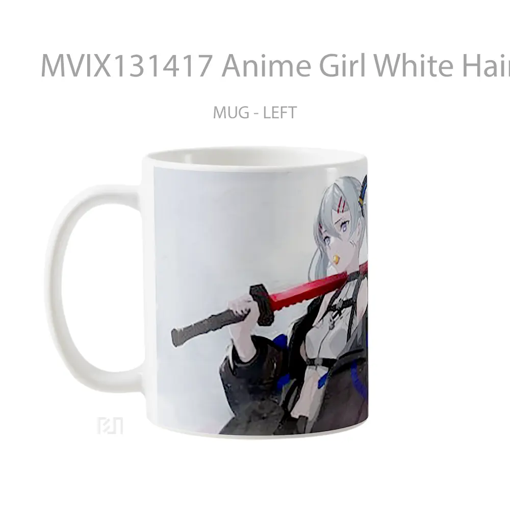 Mug Anime Girl White Hair With Katana Cangkir Anime - All-side / Desain