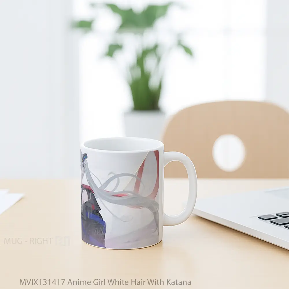 Mug Anime Girl White Hair With Katana Cangkir Anime - All-side / Desain