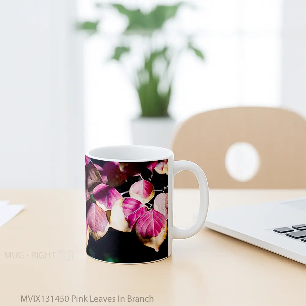 Mug Pink Leaves In Branch Gelas Keramik Unik - All-side / Desain