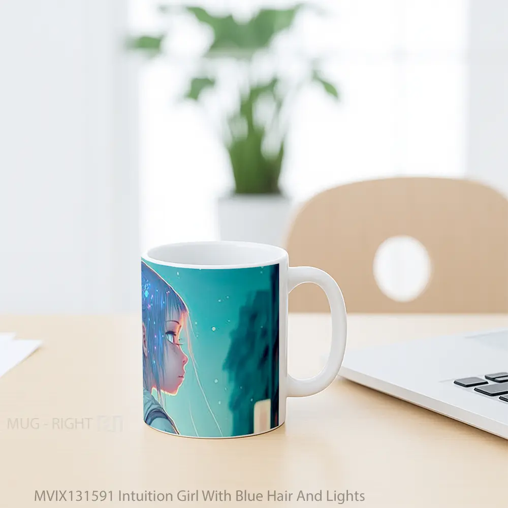 Mug Intuition Girl With Blue Hair And Lights Gelas Keramik Unik - All-side / Desain