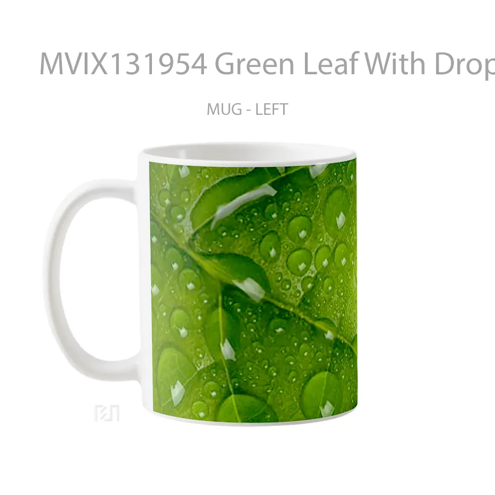 Mug Green Leaf With Drops V1 Gelas Keramik Unik - All-side / Desain