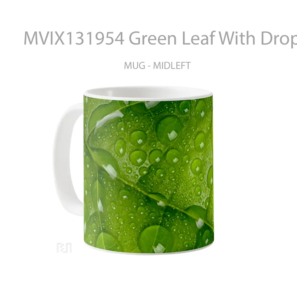 Mug Green Leaf With Drops V1 Gelas Keramik Unik - All-side / Desain
