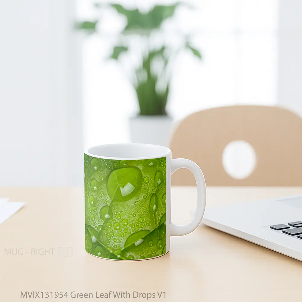 Mug Green Leaf With Drops V1 Gelas Keramik Unik - All-side / Desain