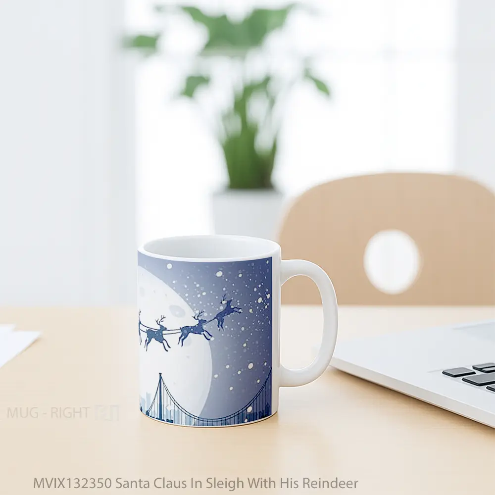 Mug Santa Claus In Sleigh With His Reindeer Gelas Hewan Lucu - All-side / Desain
