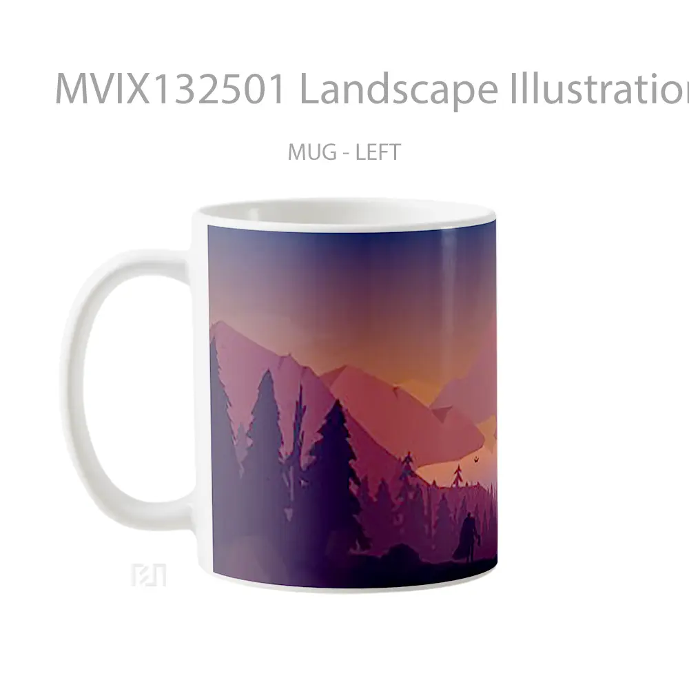 Mug Landscape Illustration Sunset In The Forest Mountains Gelas Pemandangan Alam - All-side / Desain
