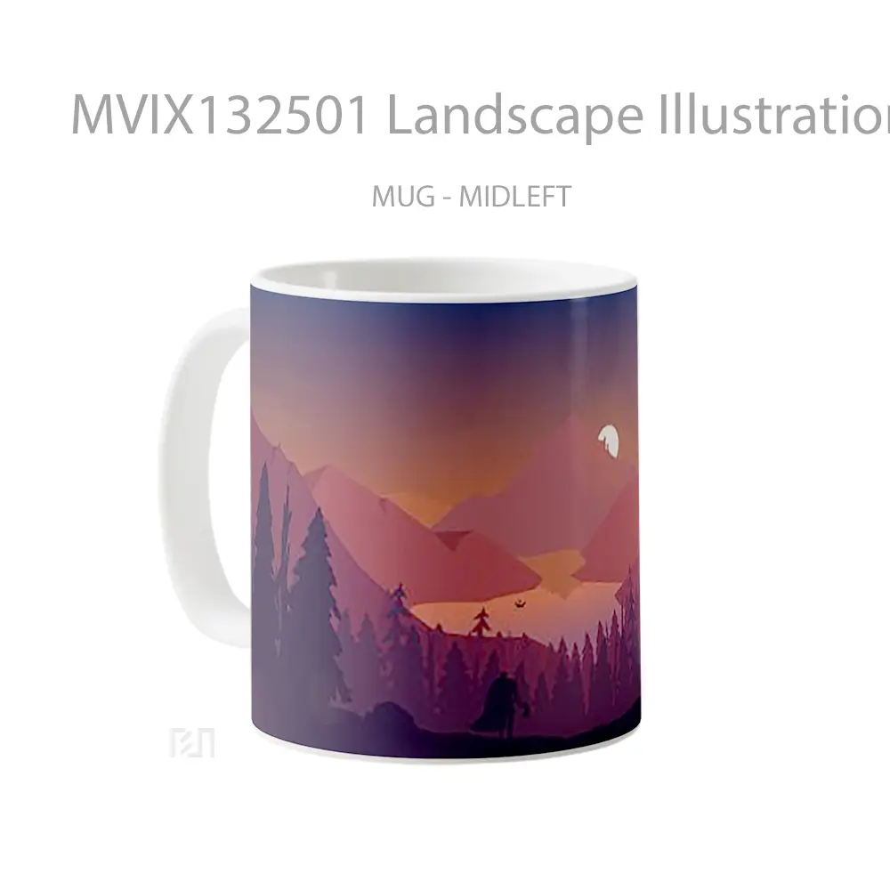 Mug Landscape Illustration Sunset In The Forest Mountains Gelas Pemandangan Alam - All-side / Desain