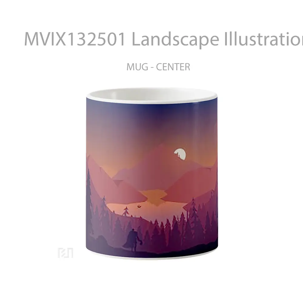 Mug Landscape Illustration Sunset In The Forest Mountains Gelas Pemandangan Alam