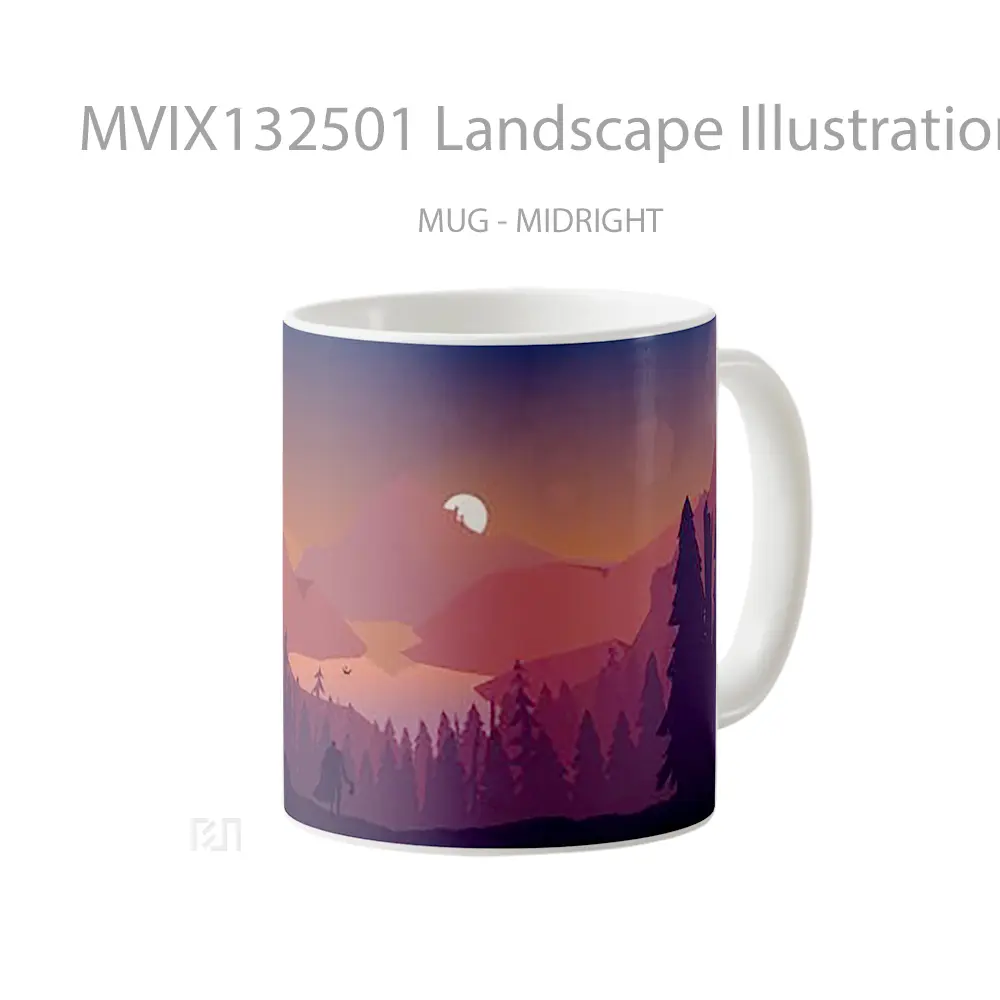 Mug Landscape Illustration Sunset In The Forest Mountains Gelas Pemandangan Alam - All-side / Desain