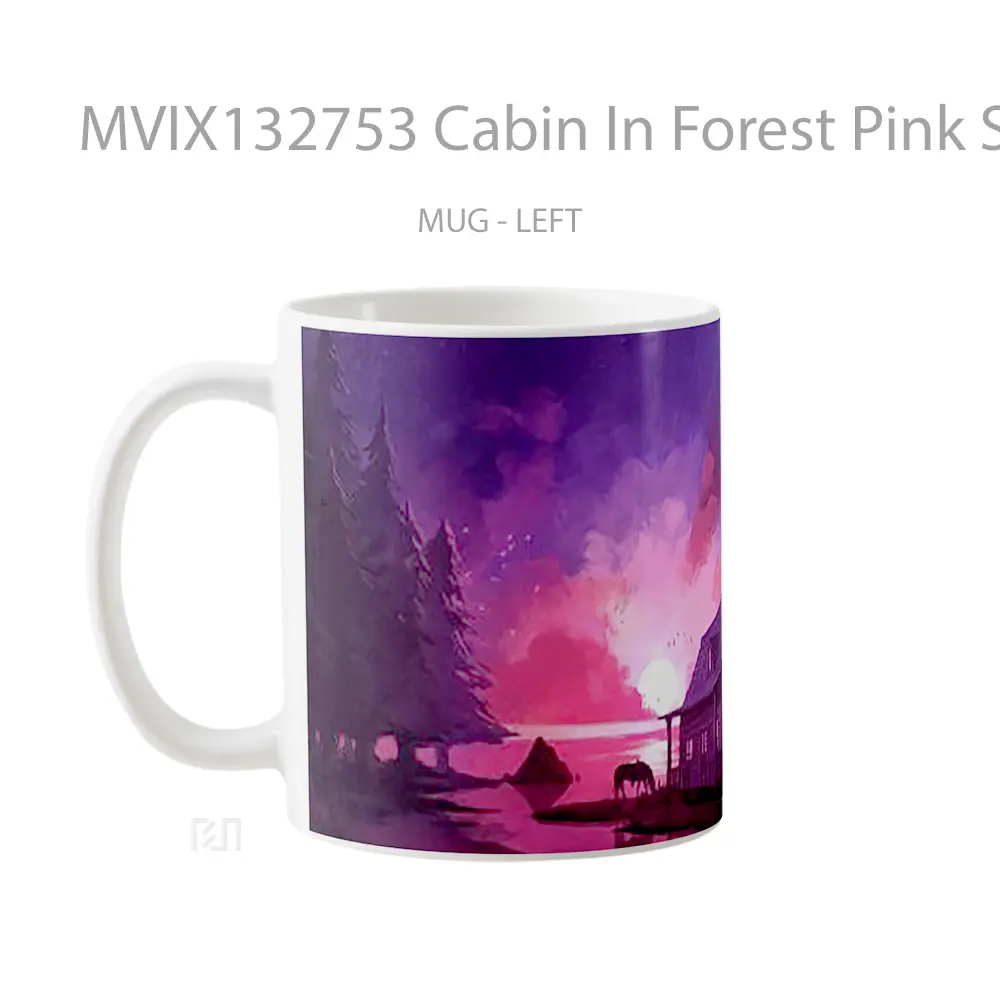 Mug Cabin In Forest Pink Sunset Gelas Pemandangan Alam - All-side / Desain