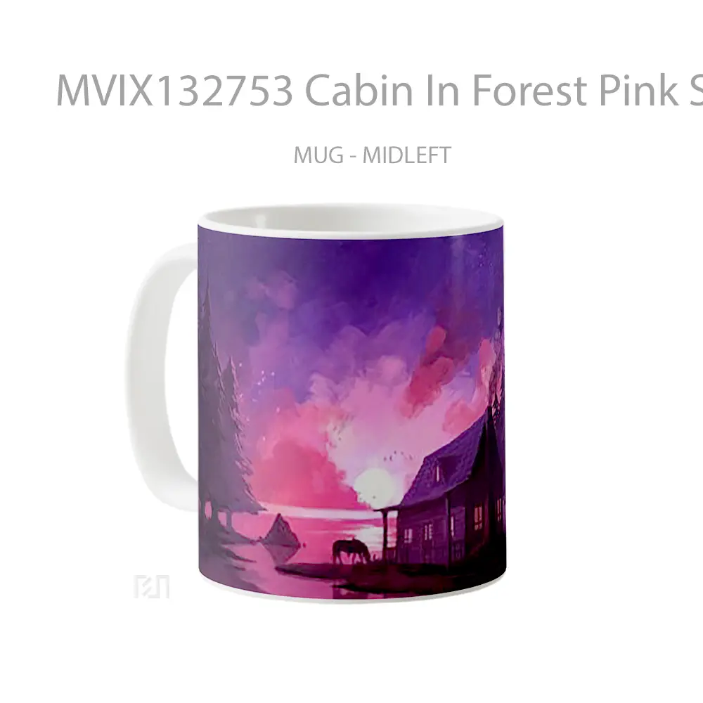 Mug Cabin In Forest Pink Sunset Gelas Pemandangan Alam - All-side / Desain