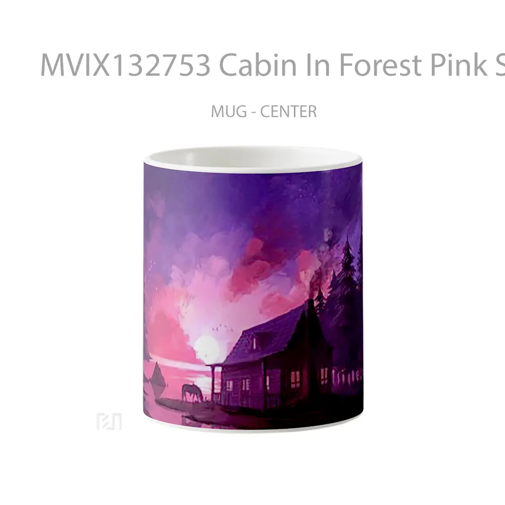 Mug Cabin In Forest Pink Sunset Gelas Pemandangan Alam
