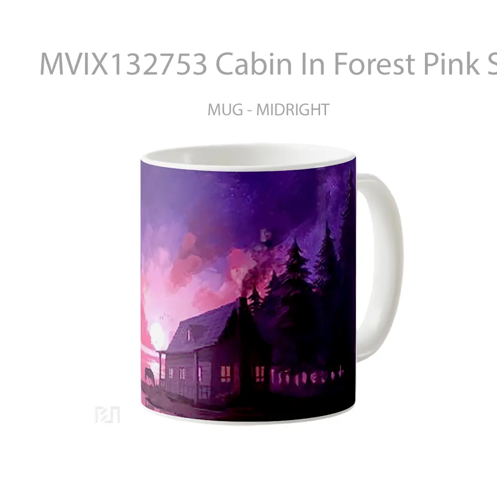 Mug Cabin In Forest Pink Sunset Gelas Pemandangan Alam - All-side / Desain