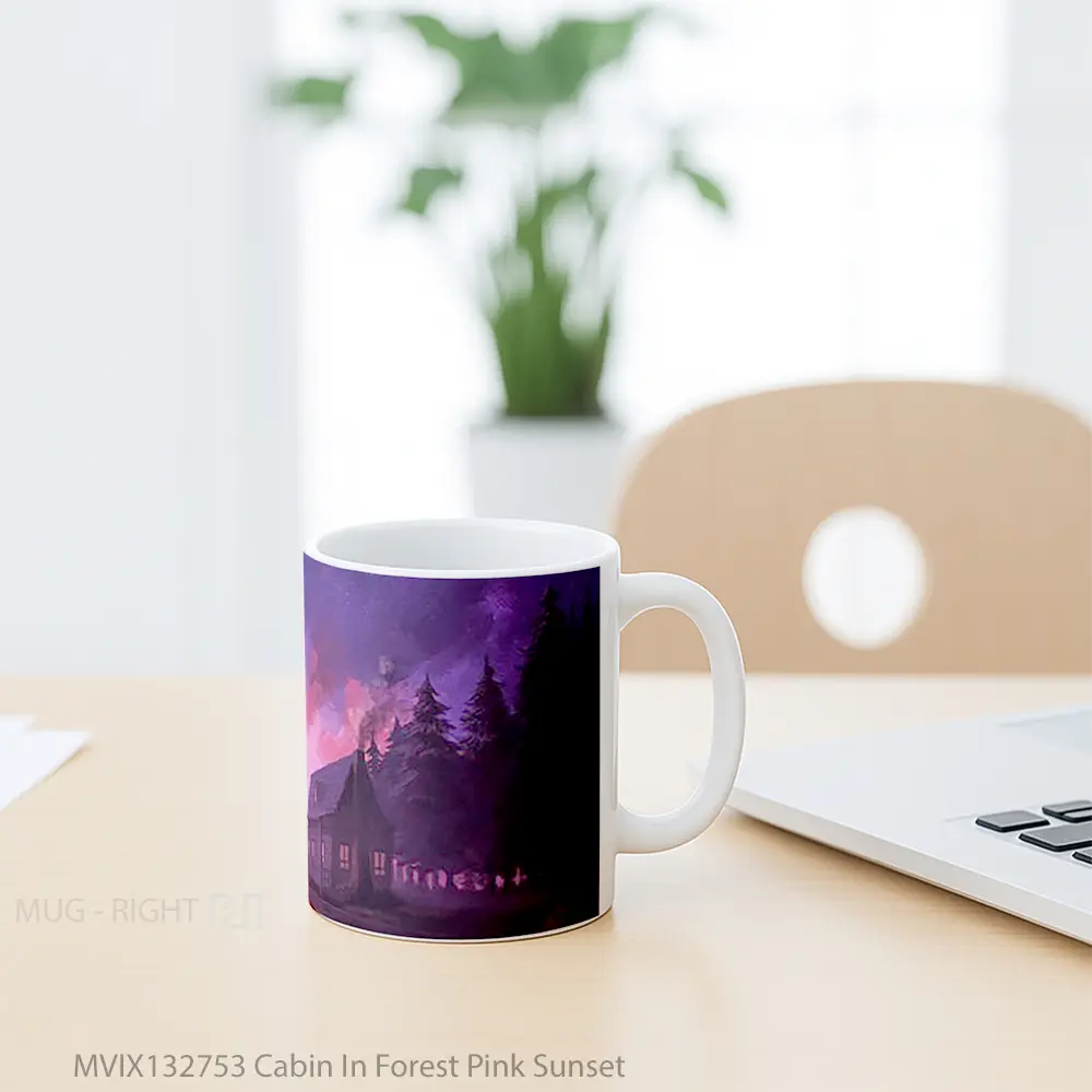 Mug Cabin In Forest Pink Sunset Gelas Pemandangan Alam - All-side / Desain