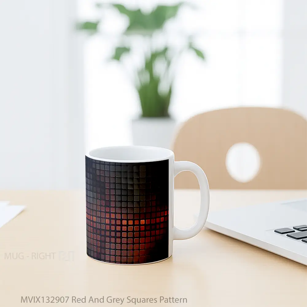 Mug Red And Grey Squares Pattern Gelas Seni Modern - All-side / Desain