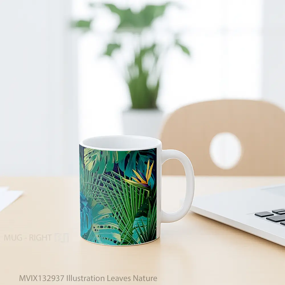 Mug Illustration Leaves Nature Gelas Pemandangan Alam - All-side / Desain