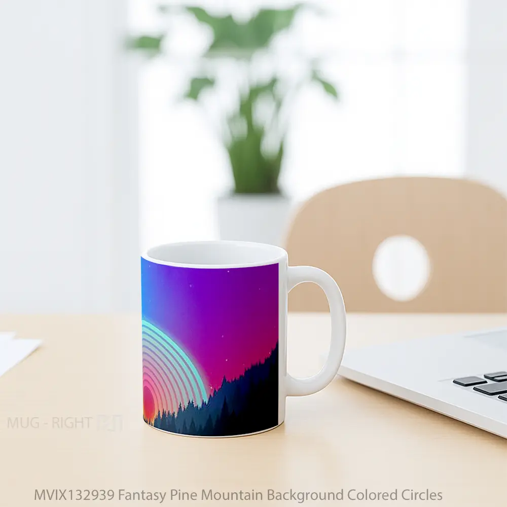 Mug Fantasy Pine Mountain Background Colored Circles Gelas Pemandangan Alam - All-side / Desain