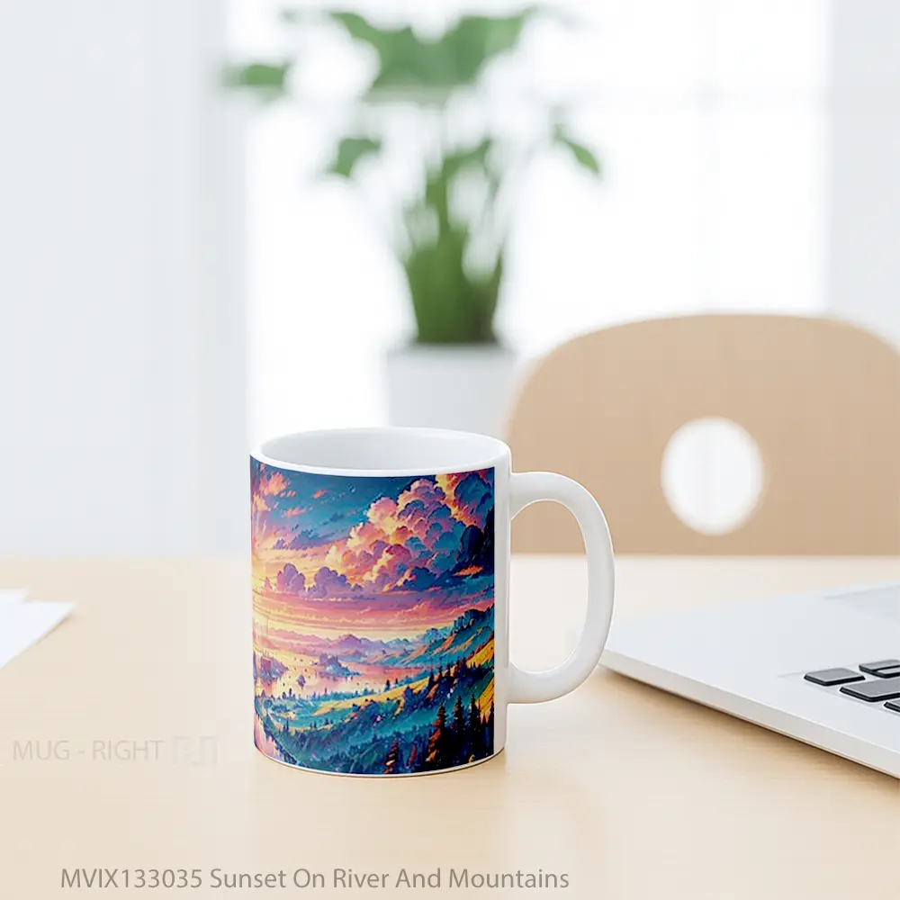 Mug Sunset On River And Mountains Gelas Pemandangan Alam - All-side / Desain