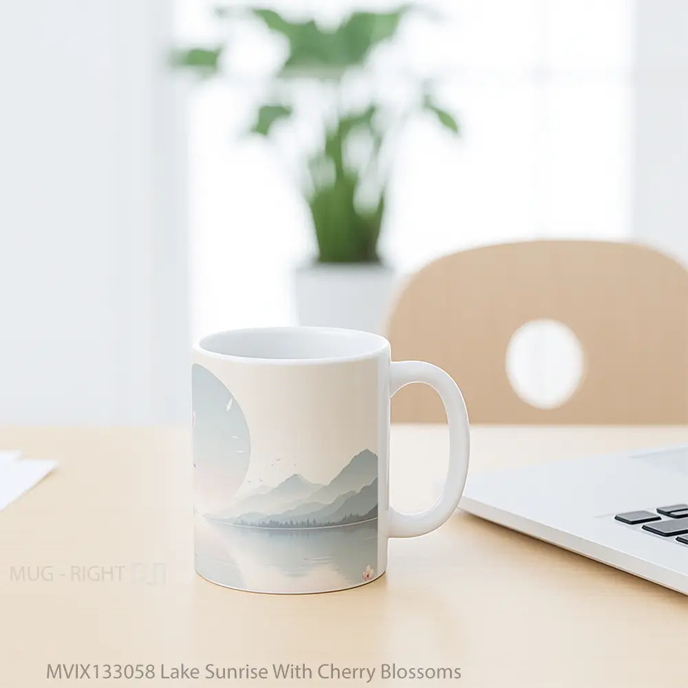 Mug Lake Sunrise With Cherry Blossoms Gelas Pemandangan Alam - All-side / Desain