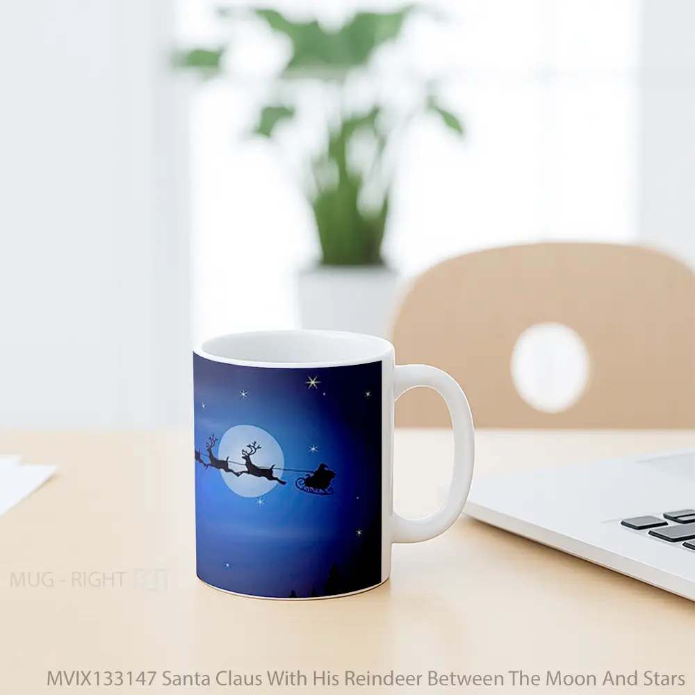 Mug Santa Claus With His Reindeer Between The Moon And Stars Gelas Hewan Lucu - All-side / Desain