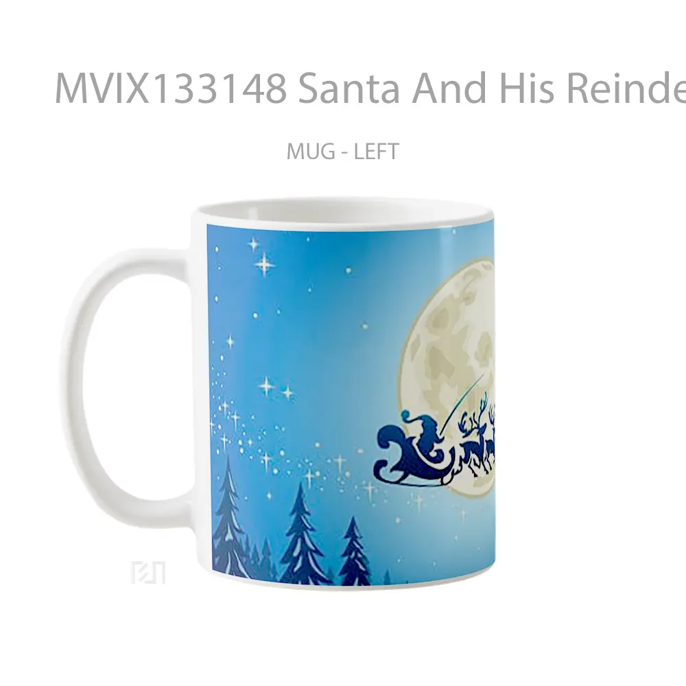 Mug Santa And His Reindeer Between Forest And Full Moon Gelas Hewan Lucu - All-side / Desain